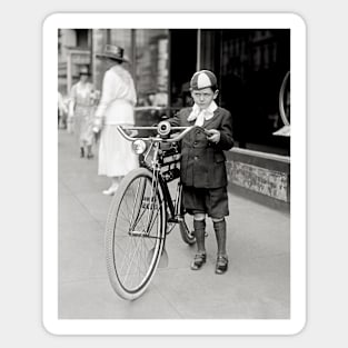 Boy with a Bicycle, 1922. Vintage Photo Sticker